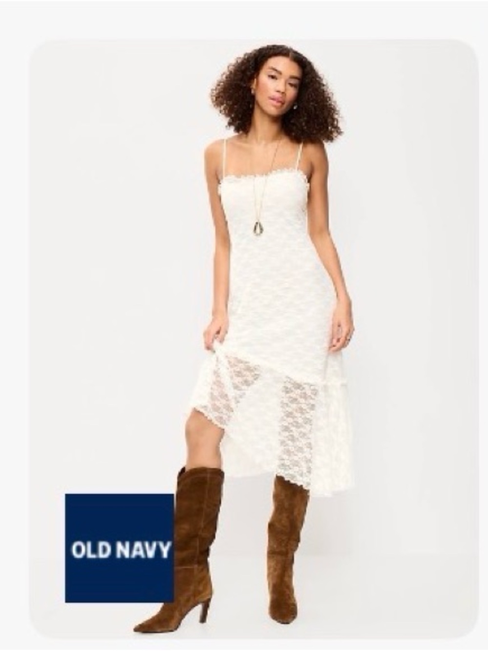 Womena Old Navy Cream Lace Midi Slip Dress with Spaghetti Straps- Medium Tall